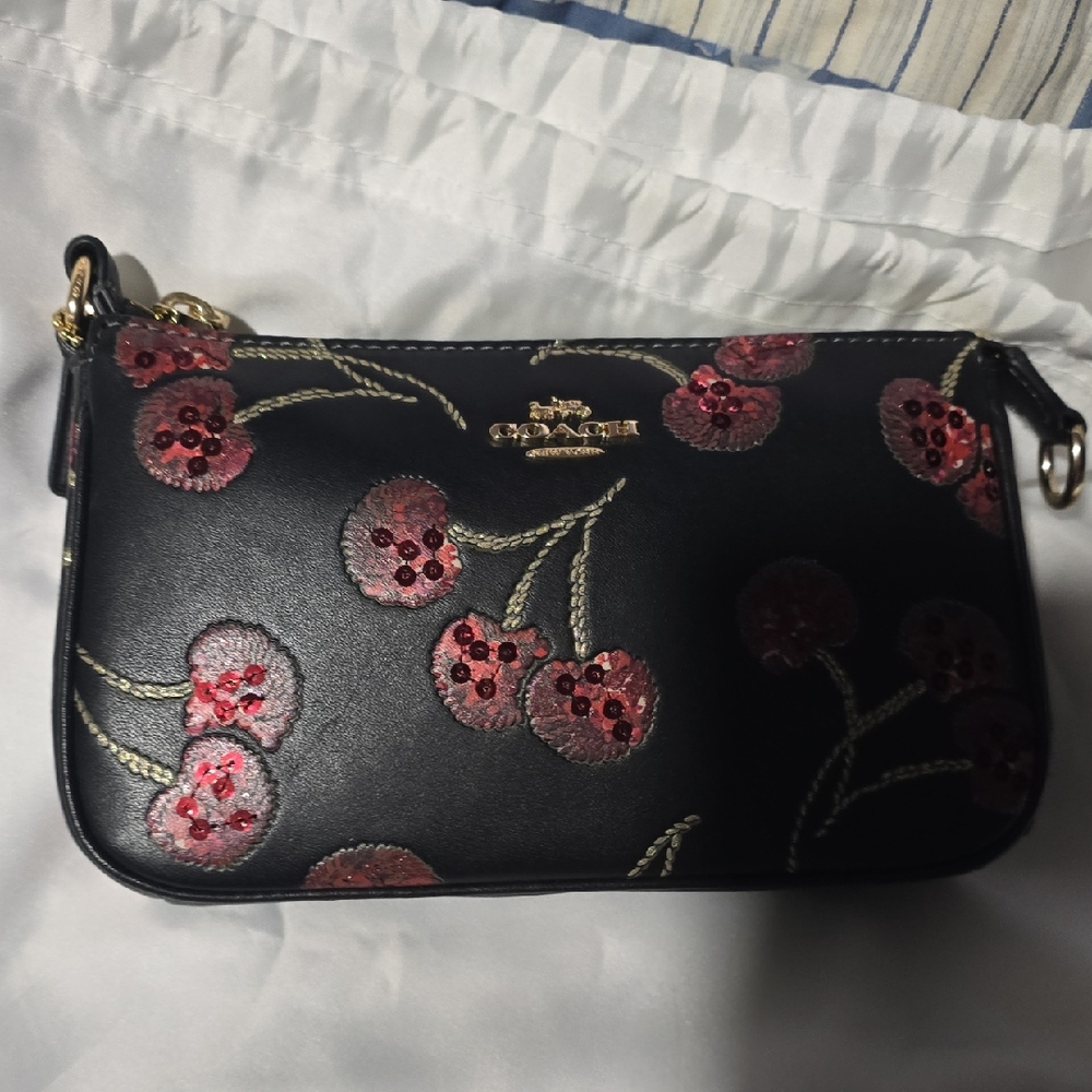 Coach Black Leather Wristlet with Cherry Appliqués